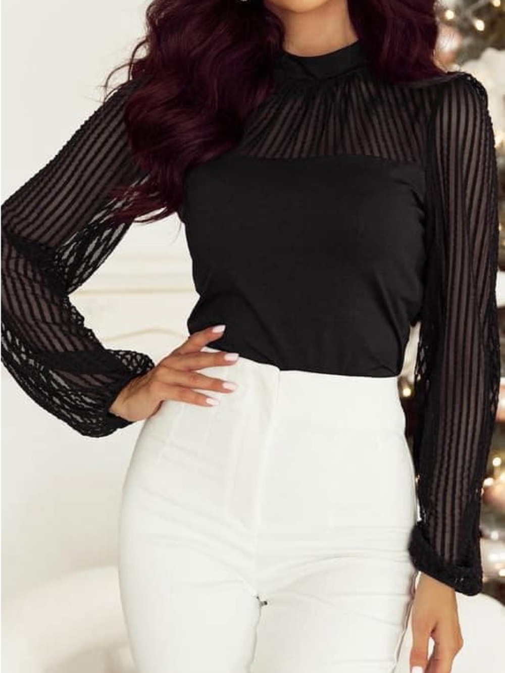 Black Sheer Stripe Long-Sleeve Blouse - Women Tops